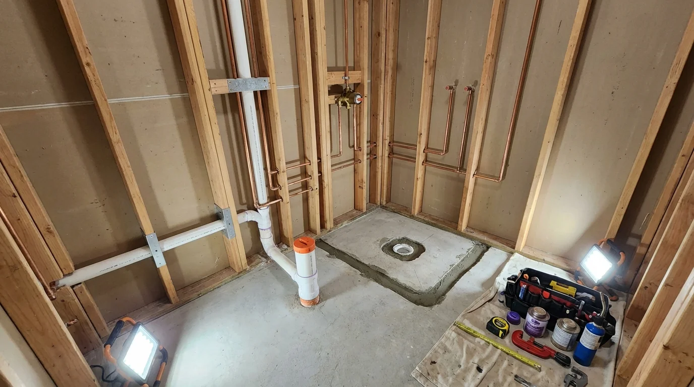 Bathroom rough-in plumbing during remodel by Johns Plumbing LLC in Le Grand