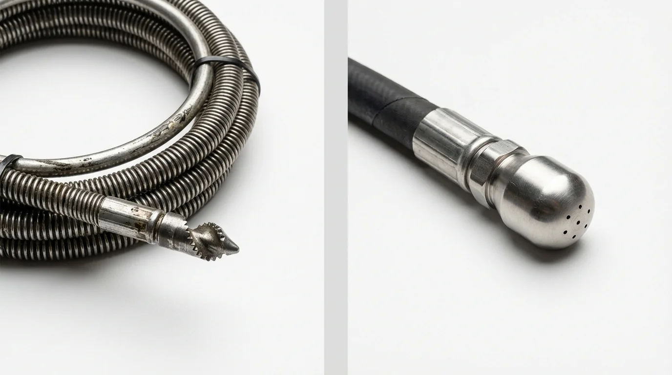 Drain snake cable and hydro jetting nozzle used for drain cleaning in Le Grand, CA