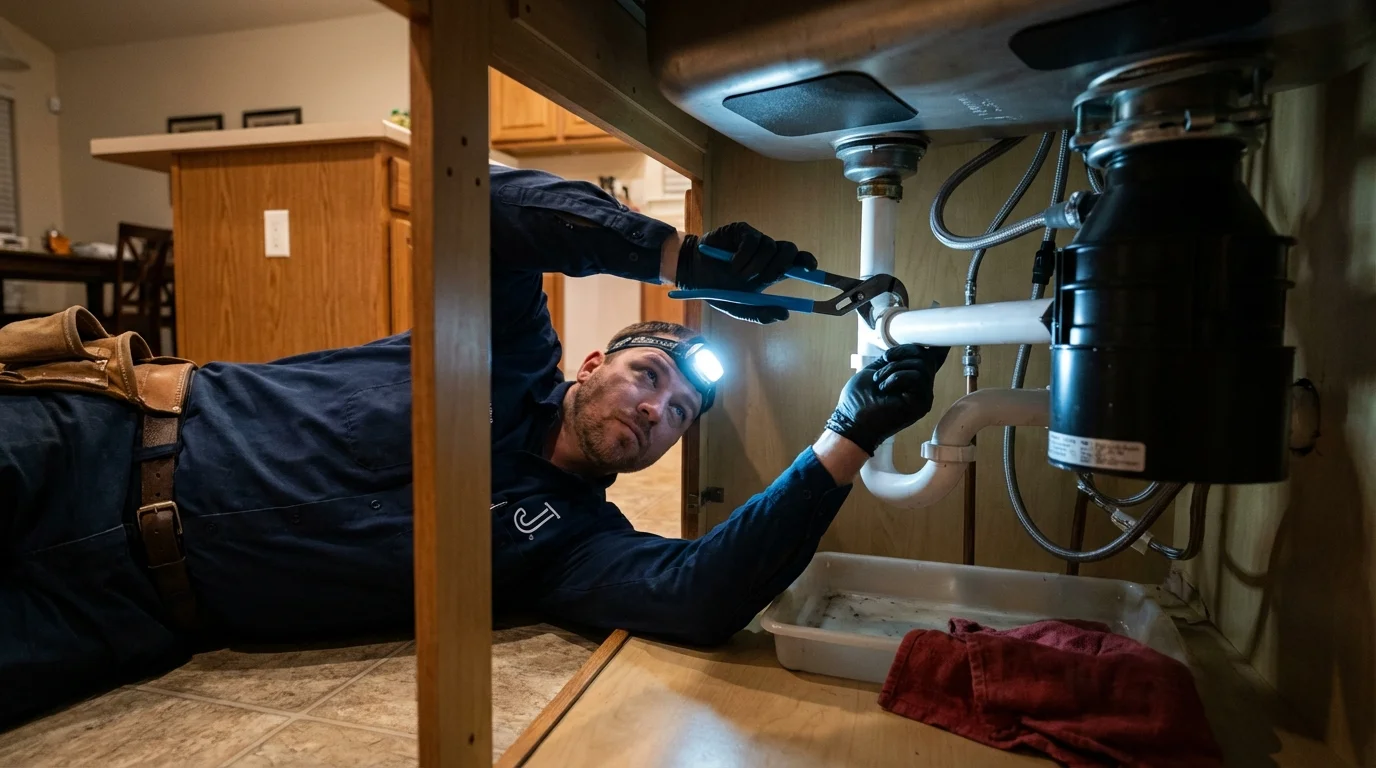 P-trap and supply line connections under a kitchen sink showing a common leak point in Le Grand, CA